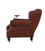 Vintage Cigar Brown leather armchair with drink holder and button-backed design, perfect for elegant home relaxation.