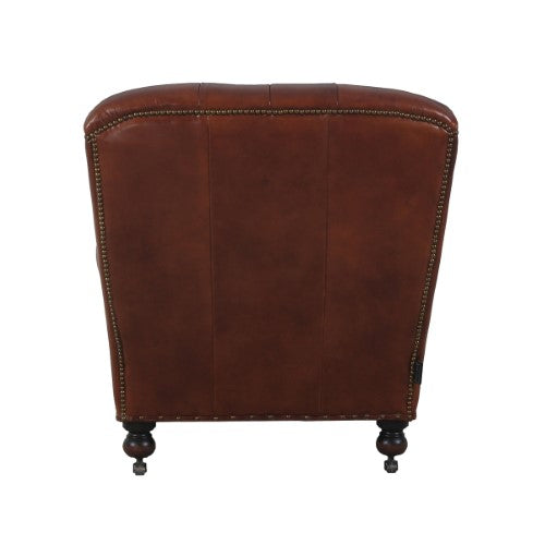 Vintage cigar brown Churchill armchair with drink holder, featuring top grain leather and a stylish button-backed design.