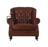 Vintage Cigar Brown armchair with drink holder, featuring luxurious leather, button-back design, and elegant castor feet.