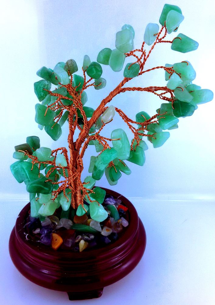 Large Aventurine Gemstone Tree, 23 cm tall, featuring green aventurine gemstones atop a base of assorted stones, promoting tranquility.