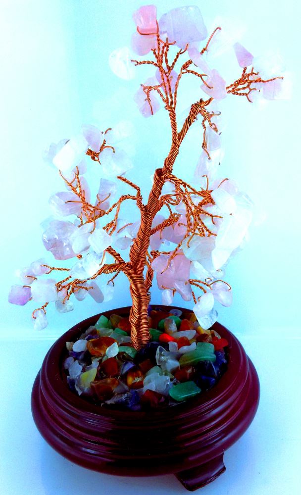 Large Rose Quartz Gemstone Tree, 23 cm tall, adorned with assorted gemstones, promotes love and harmony in home décor.