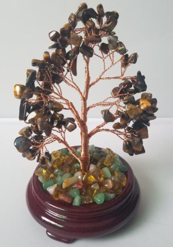 Turquoise Tiger Eye gemstone tree, 23cm tall, with unique branches and natural gemstones for home decor and positive energy.