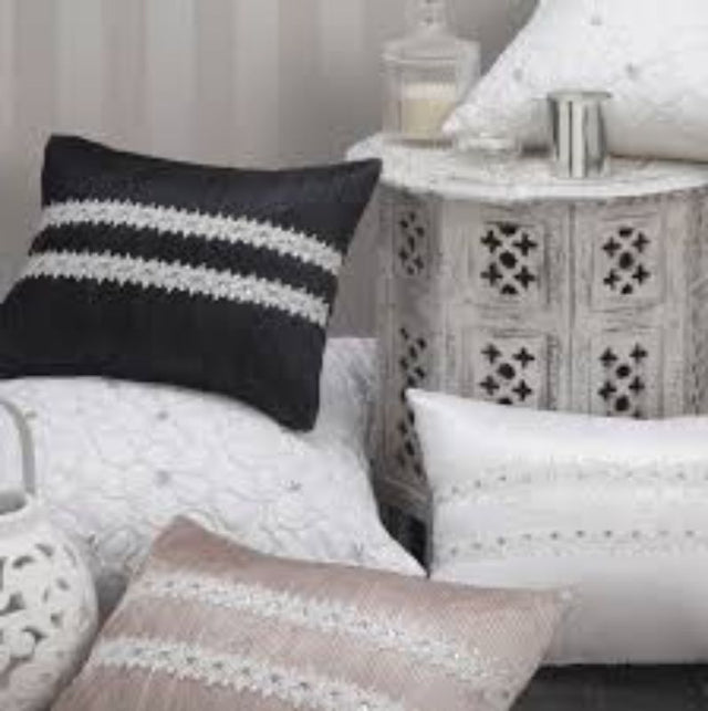 Elegant Brunch Cushion - Aimee Shell with lace trim, diamante buttons, and plush polyester satin, perfect for stylish home décor.