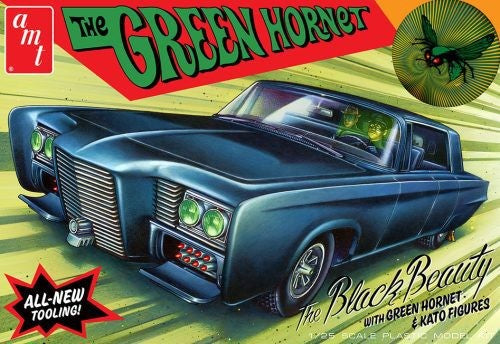 1/25 scale model kit of the Green Hornet's Black Beauty car with detailed interior, gadgets, and bonus figures of Green Hornet and Kato.