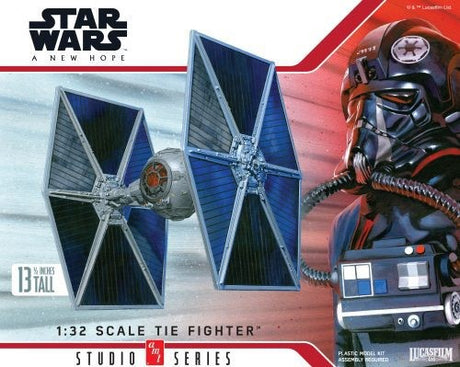 1/32 Star Wars ANH TIE Fighter model kit featuring intricate details, full cockpit, Imperial pilot, and custom lighting options.