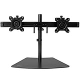 Dual-monitor desktop stand supporting two 12-24" VESA monitors, offering adjustable height and tilt for optimized workspace efficiency.