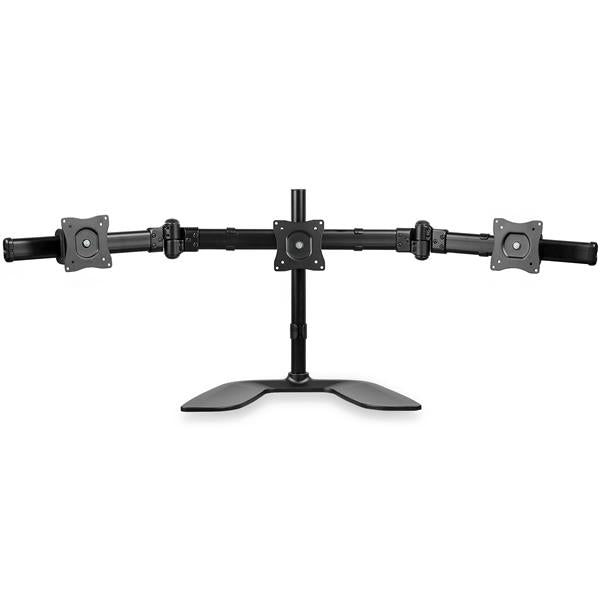 Sturdy triple monitor stand with articulating arms for optimal positioning, supporting up to three 27-inch displays.