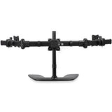 Articulating triple-monitor desktop stand, securely holds 3 screens, with adjustable height and viewing angles for ergonomic workspace.