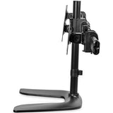 Triple-monitor desktop stand with articulating arms for ergonomic viewing and adjustable height, made from durable steel.