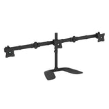 Triple-monitor desktop stand with articulating arms, supporting monitors from 13" to 27", enhances workspace ergonomics and efficiency.