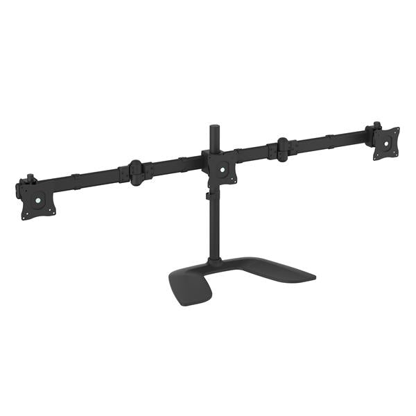 Triple-monitor desktop stand with articulating arms, supporting monitors from 13" to 27", enhances workspace ergonomics and efficiency.