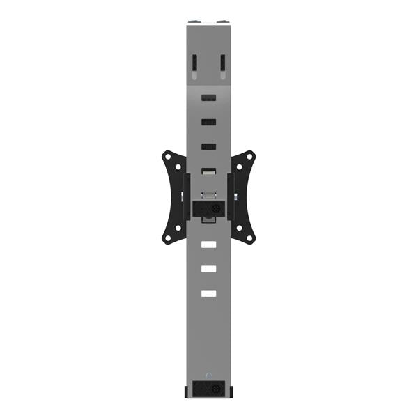 Heavy-duty steel cubicle monitor mount with micro-adjustment for VESA monitors, offering height, tilt, and swivel customization.