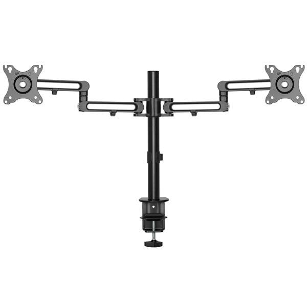 Articulating dual monitor arm in sleek black, holds two 32" monitors, offering 360° rotation and height adjustment for ergonomic workspace.