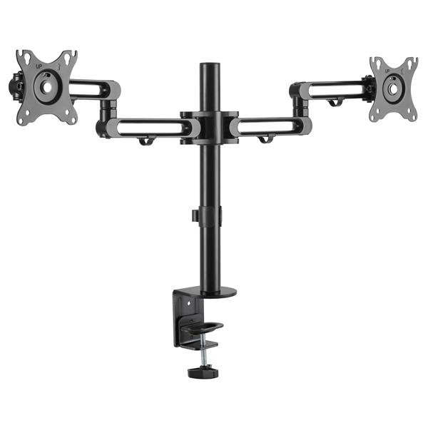 Desk Mount Dual Monitor Arm with adjustable arms, VESA compatibility, and cable management for an ergonomic workspace.