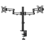 Articulating desk mount for dual monitors, supports up to 32", 360-degree rotation, durable aluminum, sleek black finish.