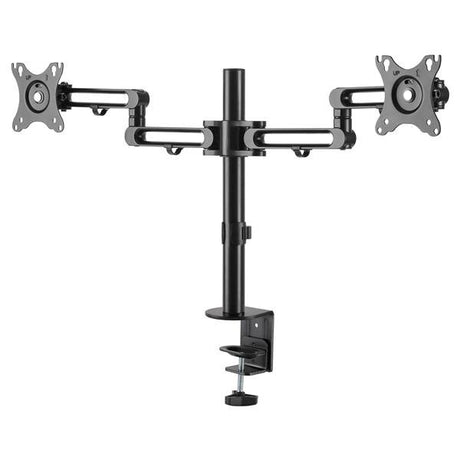 Articulating desk mount for dual monitors, supports up to 32", 360-degree rotation, durable aluminum, sleek black finish.