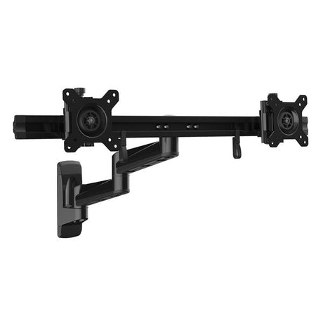 Wall-mount dual monitor arm for VESA monitors, featuring adjustable height, tilt, swivel, and rotation for optimized viewing.