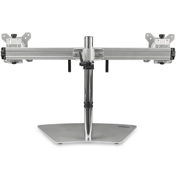 Dual-monitor stand in silver for up to 24" displays, featuring adjustable height, tilt, and space-saving design.