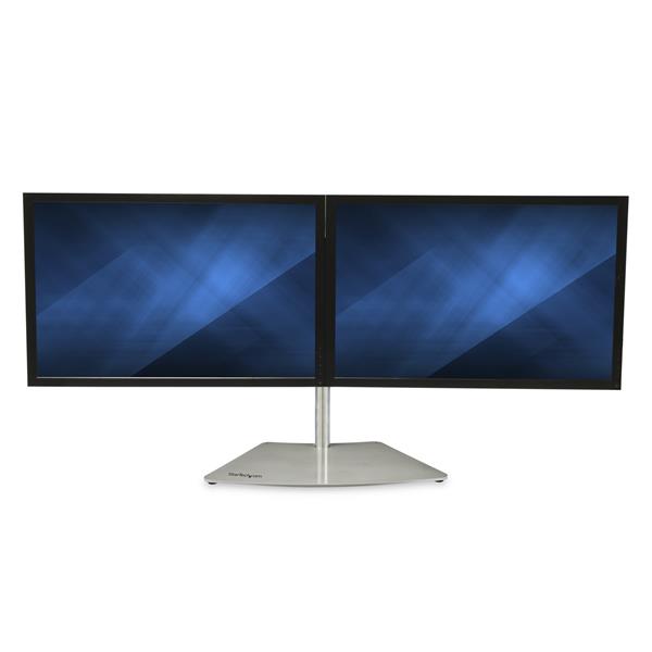 Dual-monitor stand in silver for up to 24" displays, featuring a space-saving design and adjustable height and tilt.