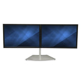 Dual-monitor stand in silver for up to 24" displays, featuring a space-saving design and adjustable height and tilt.