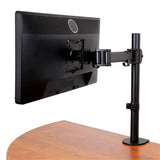 Heavy-duty steel desk-mount monitor arm for 13"-34" displays with articulating tilt, swivel, and rotation for ergonomic comfort.