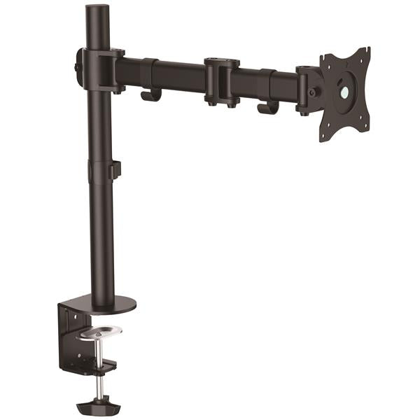 Desk-mount monitor arm made of heavy-duty steel with articulating arm for optimal ergonomic viewing angles and cable management.