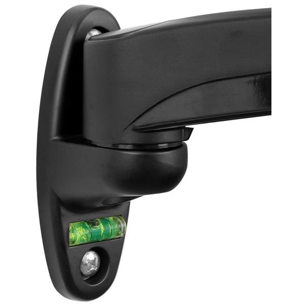 Wall-mounted monitor arm with full motion articulation for screens up to 34", enabling easy height and angle adjustments.