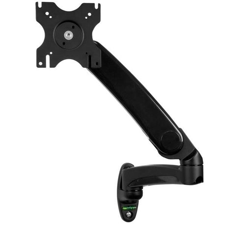 Articulating wall-mount monitor arm for flat screens up to 34 inches, enabling height, tilt, swivel, and rotation adjustments.