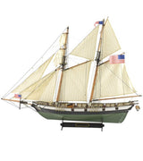 Detailed 1:60 scale model of the American schooner Harvey with eight cannons, precision-cut wood, and brass fittings.