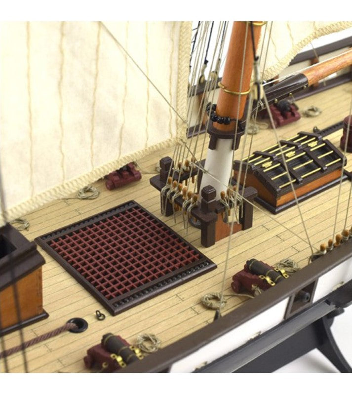 Detailed 1:60 scale wooden model of the American schooner Harvey, featuring eight cannons and premium materials.