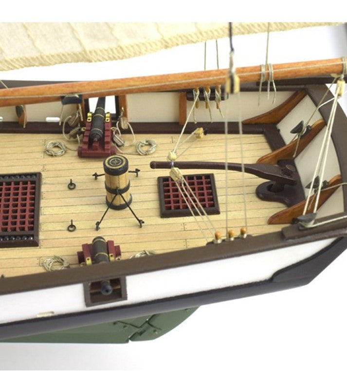 1:60 scale wooden model of the American schooner Harvey, featuring intricate details and eight cannons, perfect for collectors.