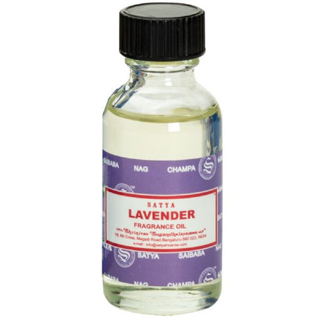 Satya Lavender Fragrance Oil 30ml for use in oil burners or diffusers, creating a relaxing, natural scent.