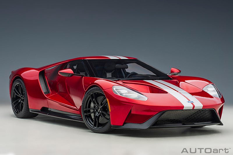 1/12 scale diecast Ford GT in Liquid Red with Silver Stripes, showcasing intricate details and sleek design for collectors.