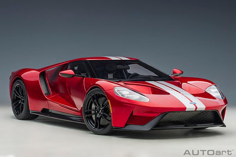 1/12 scale diecast Ford GT in Liquid Red with Silver Stripes, showcasing intricate details and sleek design for collectors.