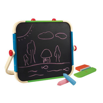 Wooden Art Studio by Hape featuring a magnetic whiteboard, chalkboard, and vibrant art supplies for creative play.