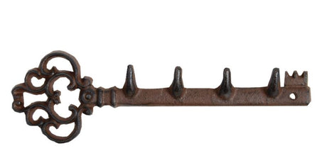 Rustic cast iron key hooks set of 4, measuring 29 x 9cm, perfect for organizing keys, bags, and coats.