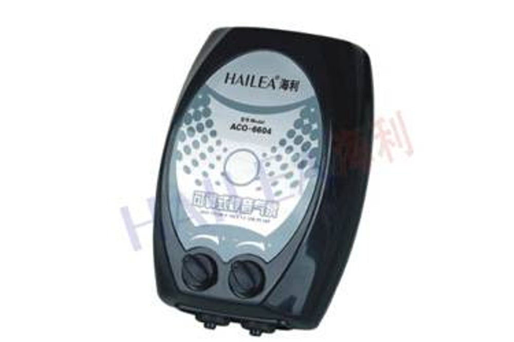 Hailea Airpump ACO-6604 with twin outlet, adjustable flow, 4w power, compact size 153x98x70mm, weighs 0.64kg.