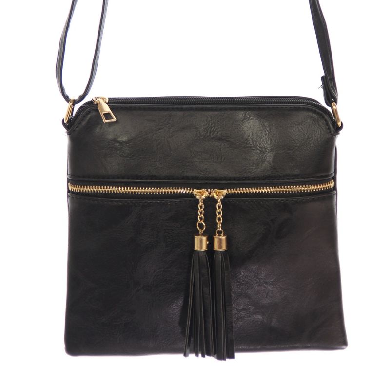 Bag - Lara Zip Front With Tassles - BLACK