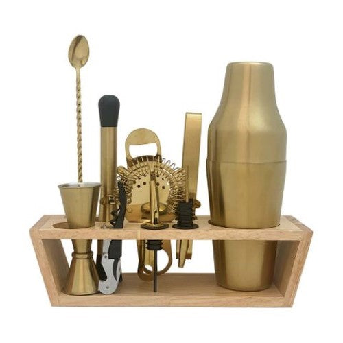 Bar Tool Set And Stand Gold 11 Piece