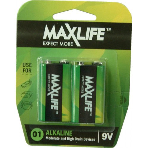 Max-Life Alkaline 9v batteries 2-pack, designed for reliable energy in moderate to high drain devices like cameras and smoke alarms.