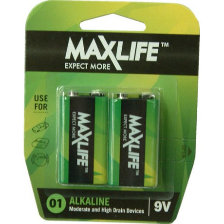 Max-Life Alkaline 9v batteries 2-pack, designed for reliable energy in moderate to high drain devices like cameras and smoke alarms.