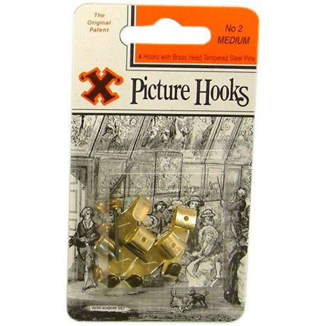 Brass plated steel picture hooks with blued steel pins for easy fixing and removal, pack of four.