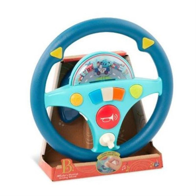 Colorful toy steering wheel with buttons, sounds, and lights for kids, enhancing motor skills through pretend play.