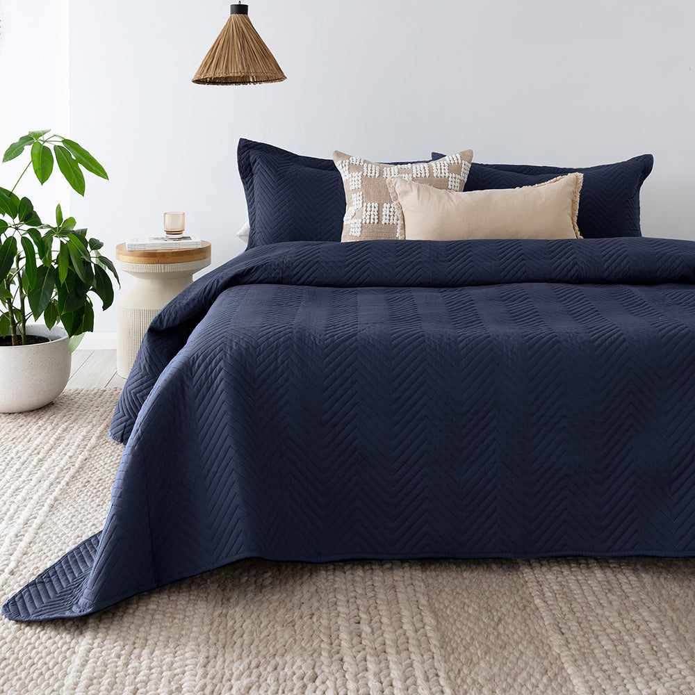 Herringbone Embossed Coverlet Set Navy Single / Double- Bambury