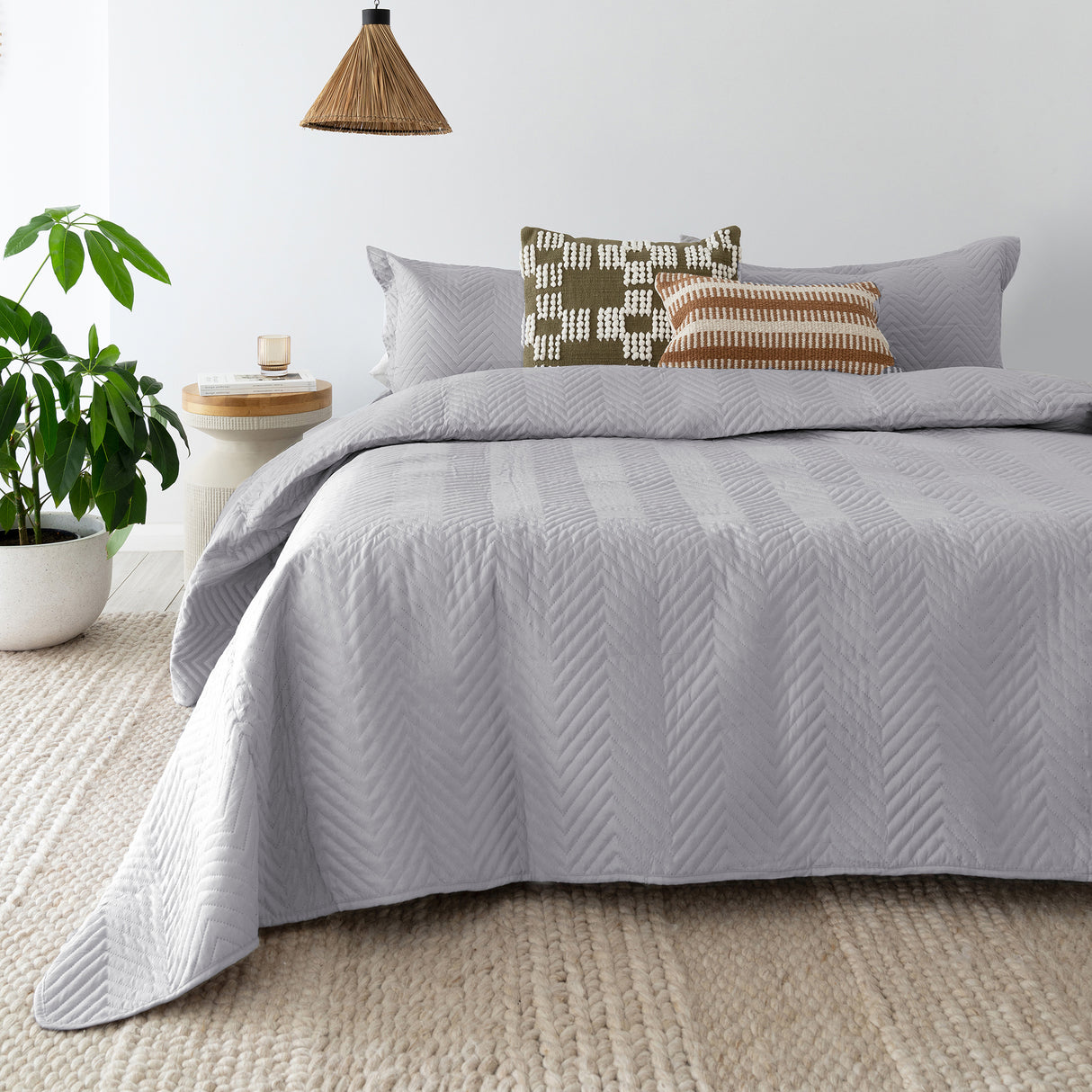 Herringbone Embossed Coverlet Set Silver Queen / King- Bambury