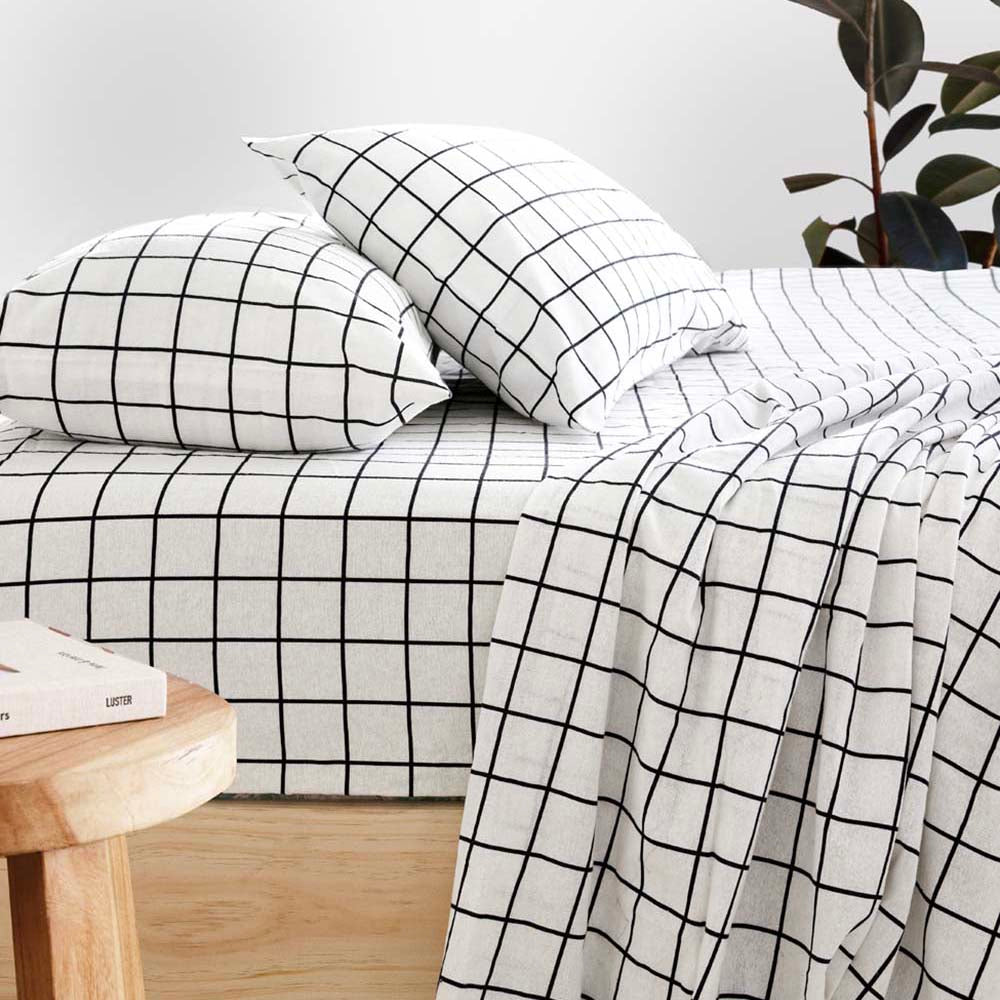 Grid Black Flannelette Sheet Set Split King - Bambury