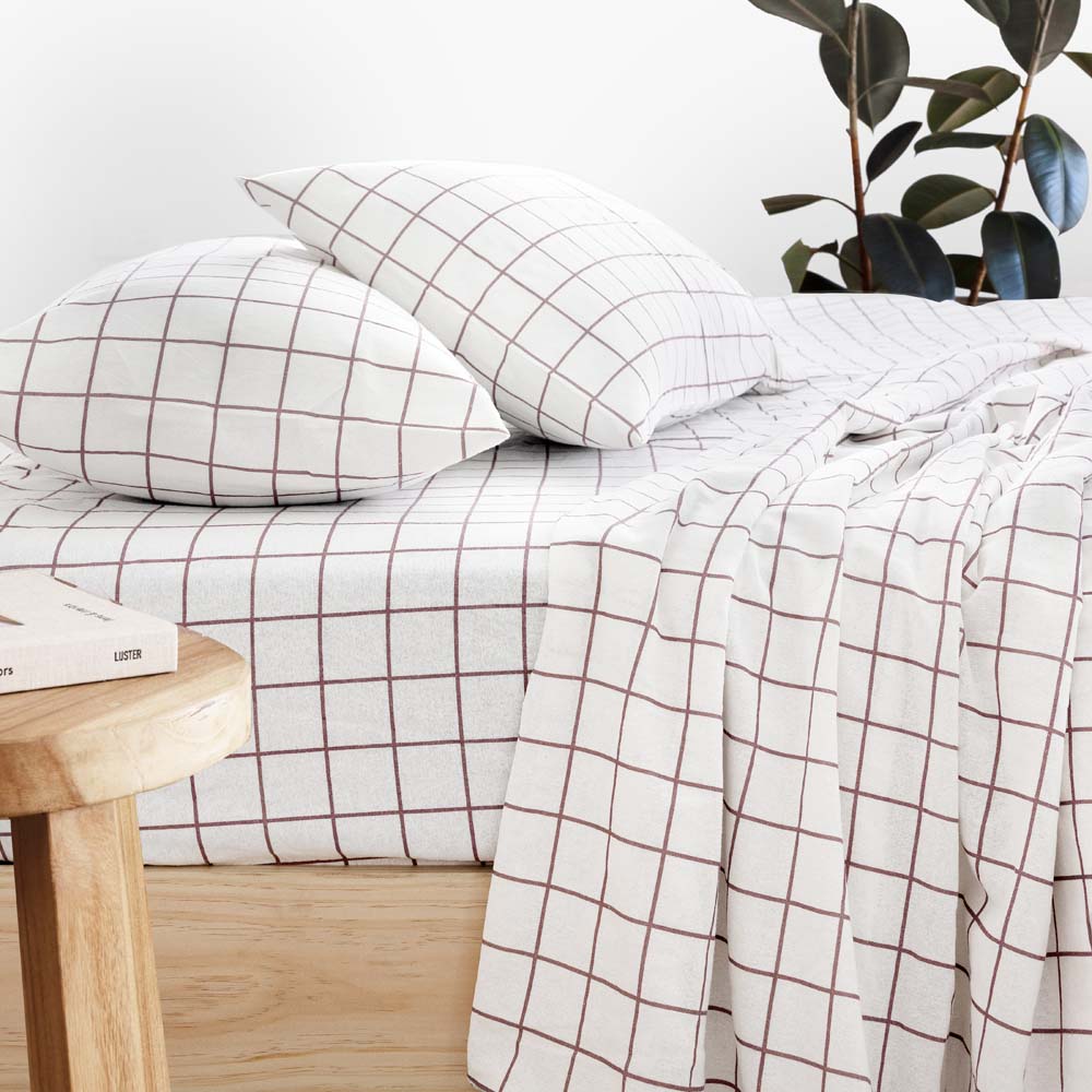 Grid Boysenberry Flannelette Sheet Set Single - Bambury