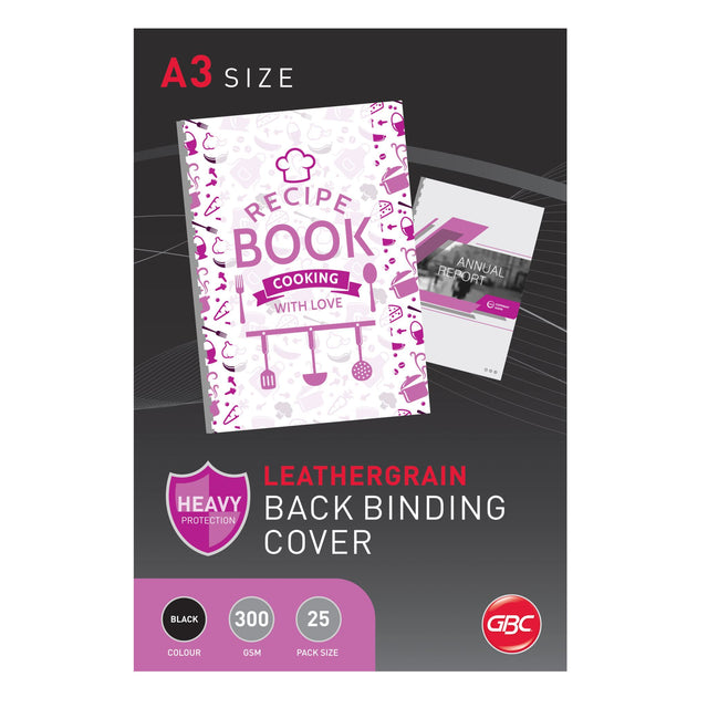 GBC A3 black binding covers pack of 25, featuring embossed leather effect for professional document presentation.