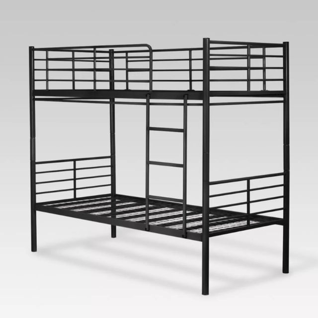 Stylish black single-over-single bunk bed with durable steel frame, ideal for kids' rooms and space-saving needs.