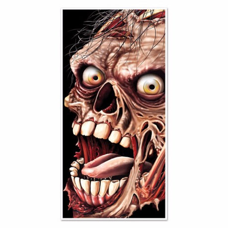 Eerie Zombie Door Cover Decoration in durable plastic, perfect for Halloween indoor or outdoor use, measuring 76cm x 152cm.